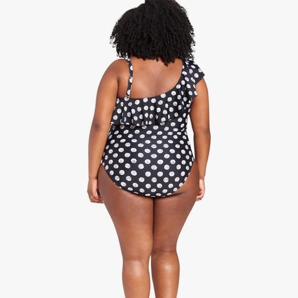 NEW LYSA PLUS Size Black and White Polka Dot One-Shoulder Swimsuit - Picture 4 of 13